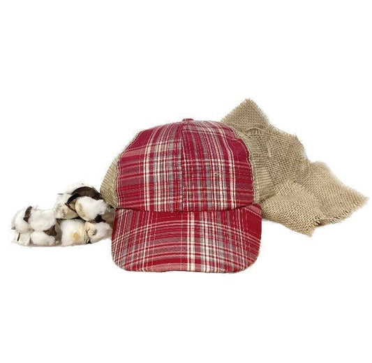 GRACE+EMMA by Southern Grace - GIRLS Lets Play Baseball, Red Plaid Hat with Beige Mesh