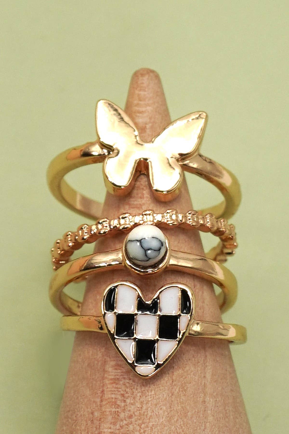 Checker Heart Butterfly 4-Ring Set