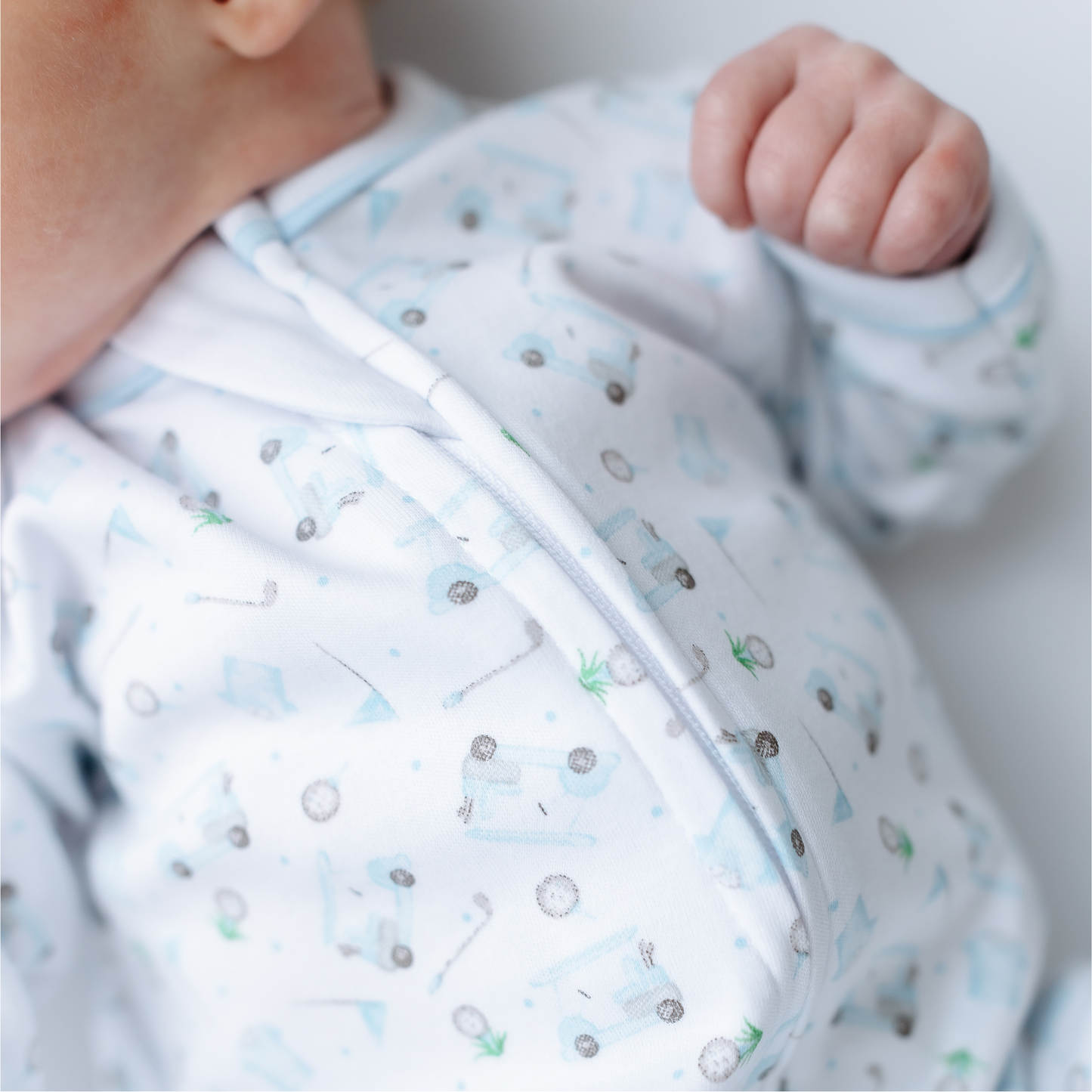 Magnolia Baby | Little Golfer Print Zip Footie - Light Blue