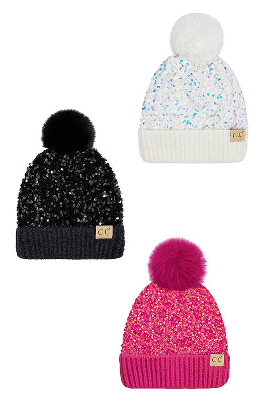 C.C Kids Sequin Fur Pom Beanie