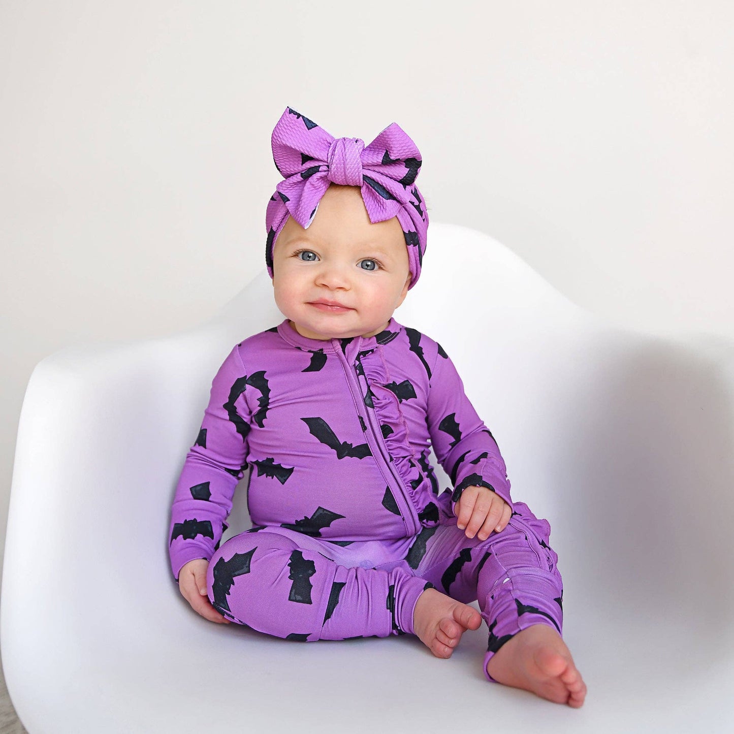 Echo Purple Bats Rufflebutts Zip Romper