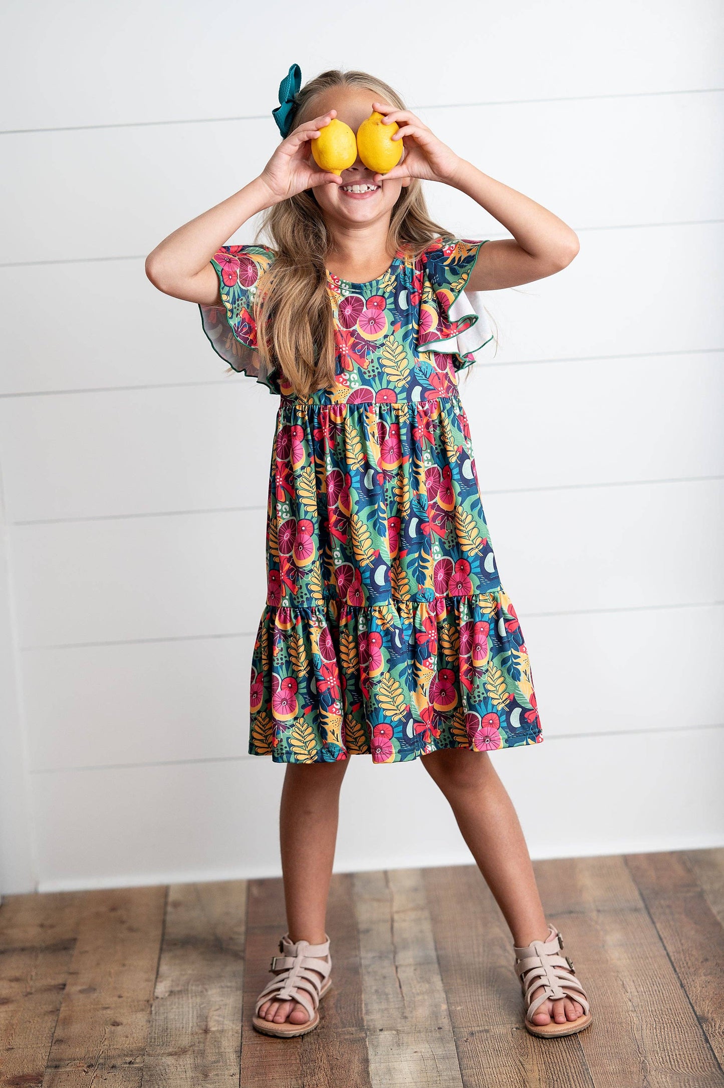 Emmy Bold Tropical Flutter Sleeve Twirl Dress