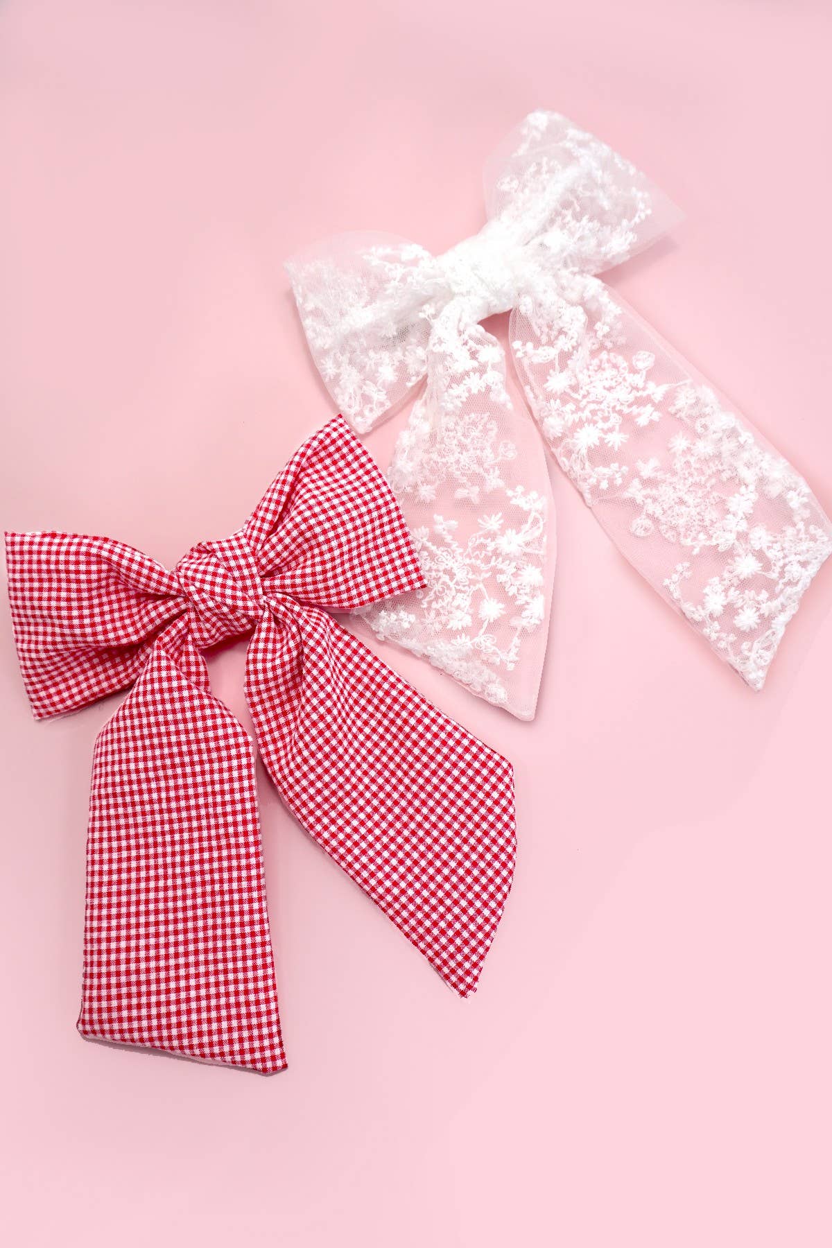 Organza and Red Checkered Bow Ribbon Hair Clips