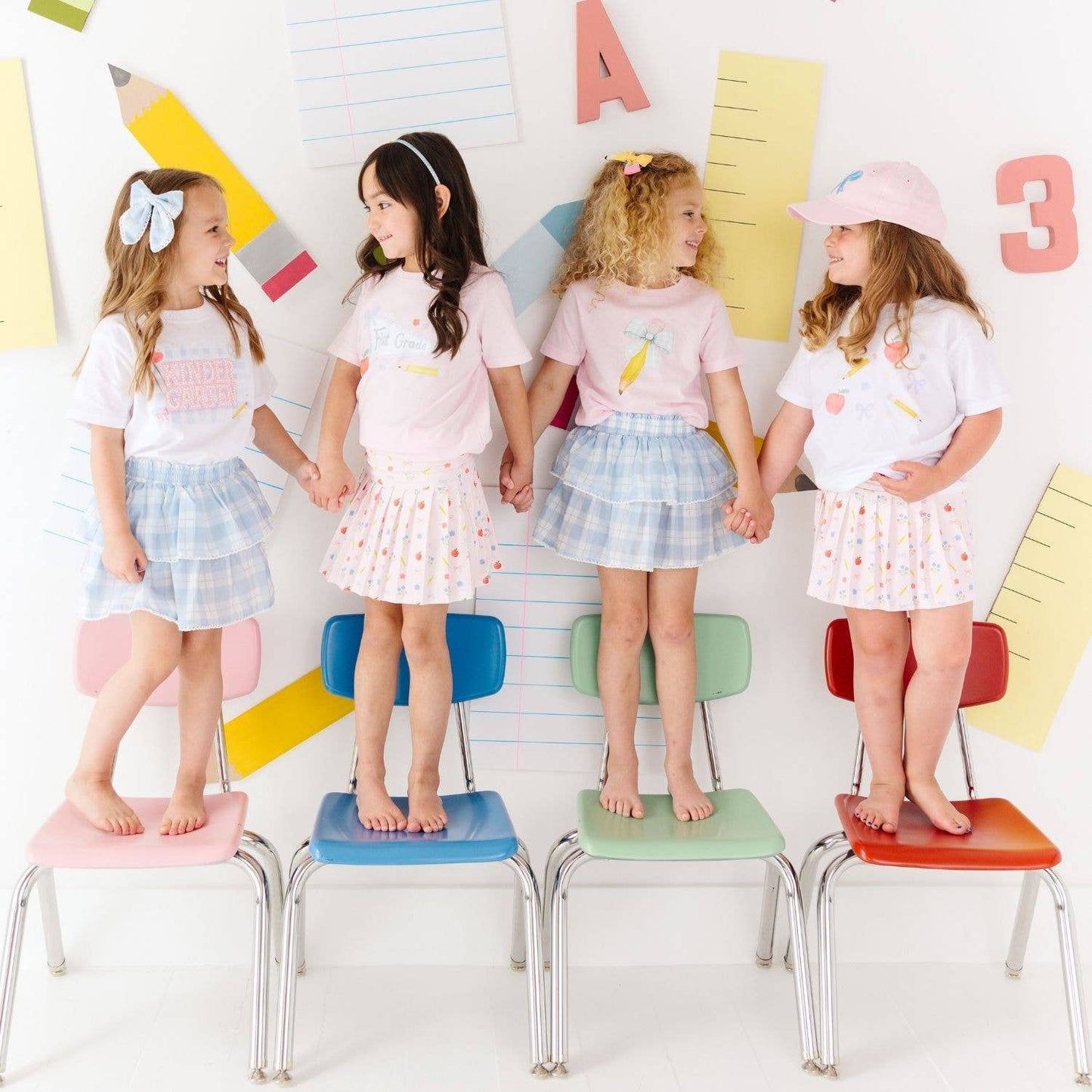 Blue Plaid Pencil Bow Short Sleeve T-Shirt - Back To School