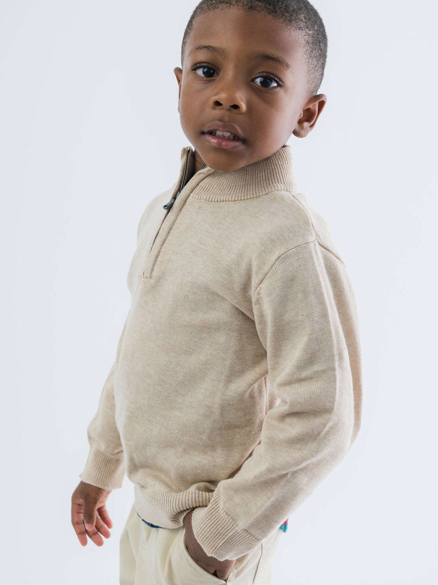 RuffleButts + RuggedButts - Boys Heather Oatmeal Quarter-Zip Sweater