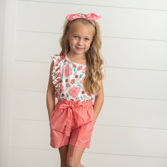 Coral Pink & White Floral Ruffle Short Set
