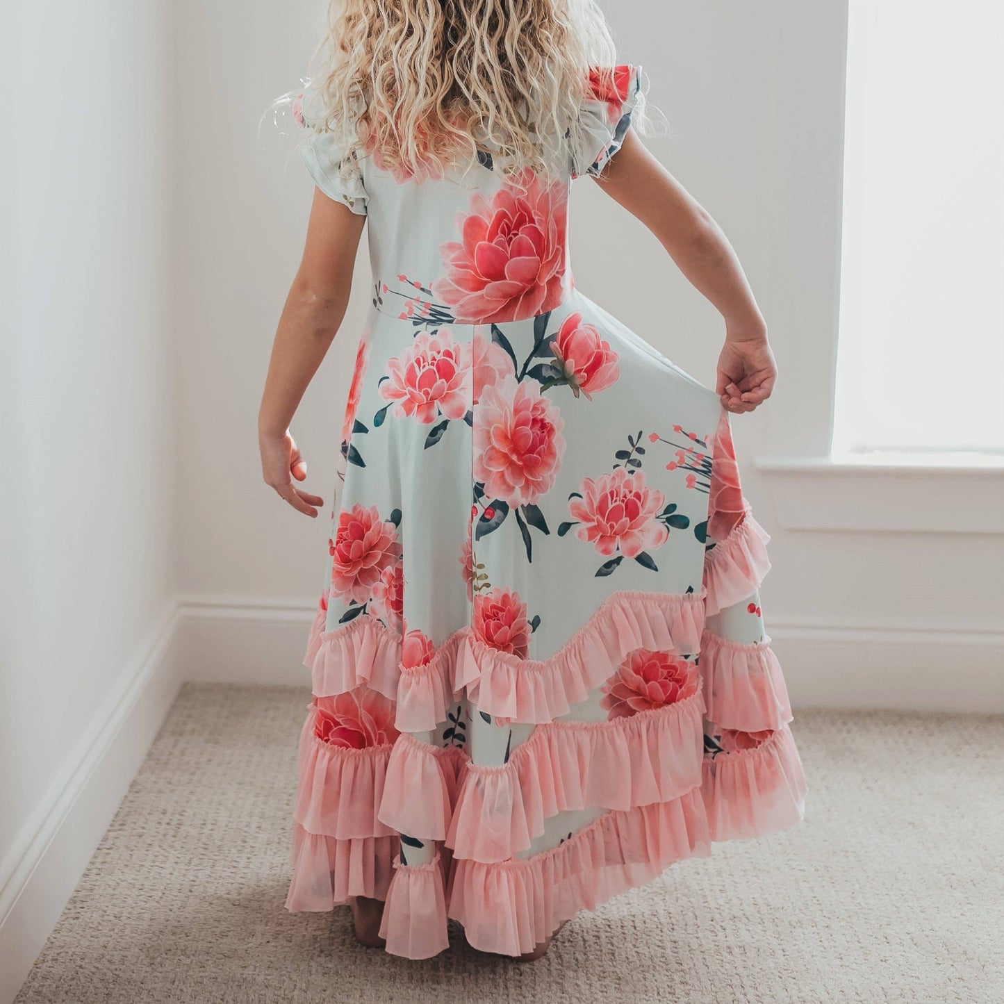 Mint & Pink Floral Flutter Sleeve Ruffle Dress
