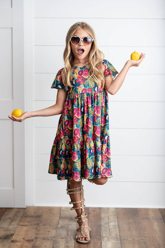 Emmy Bold Tropical Flutter Sleeve Twirl Dress