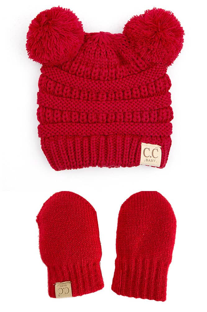 C.C Baby Solid Ribbed Pom Beanie and Mitten Glove