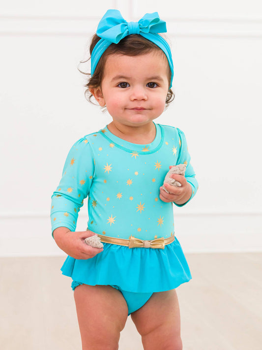 Teal & Gold Princess Long Sleeve Bow Skirted One Piece