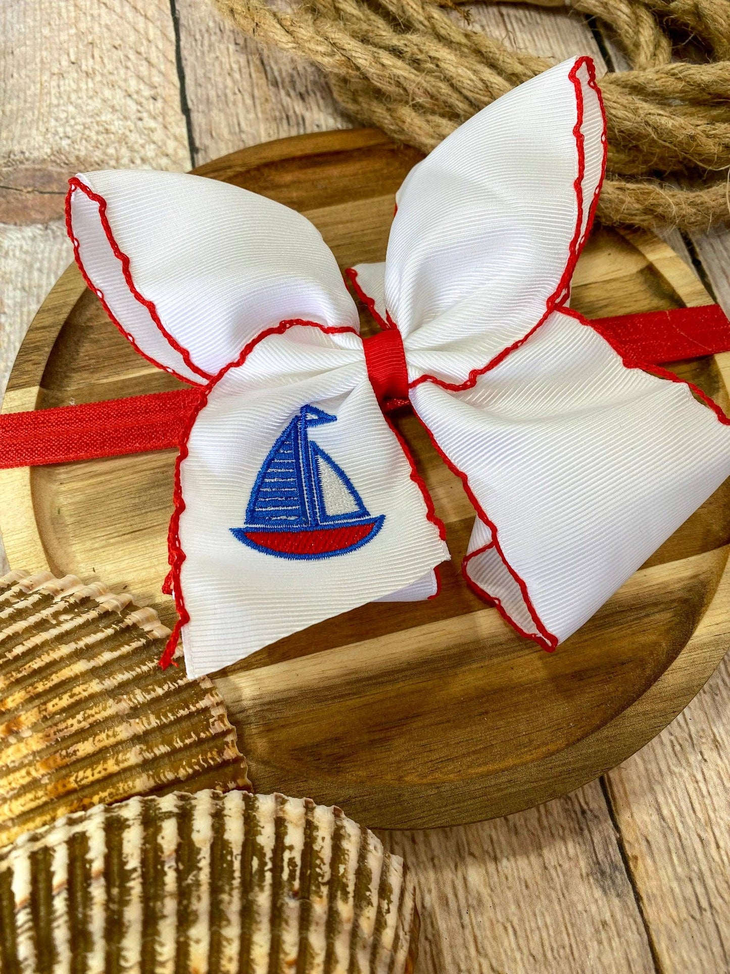 Sailboat Embroidered Classic Hair Bow