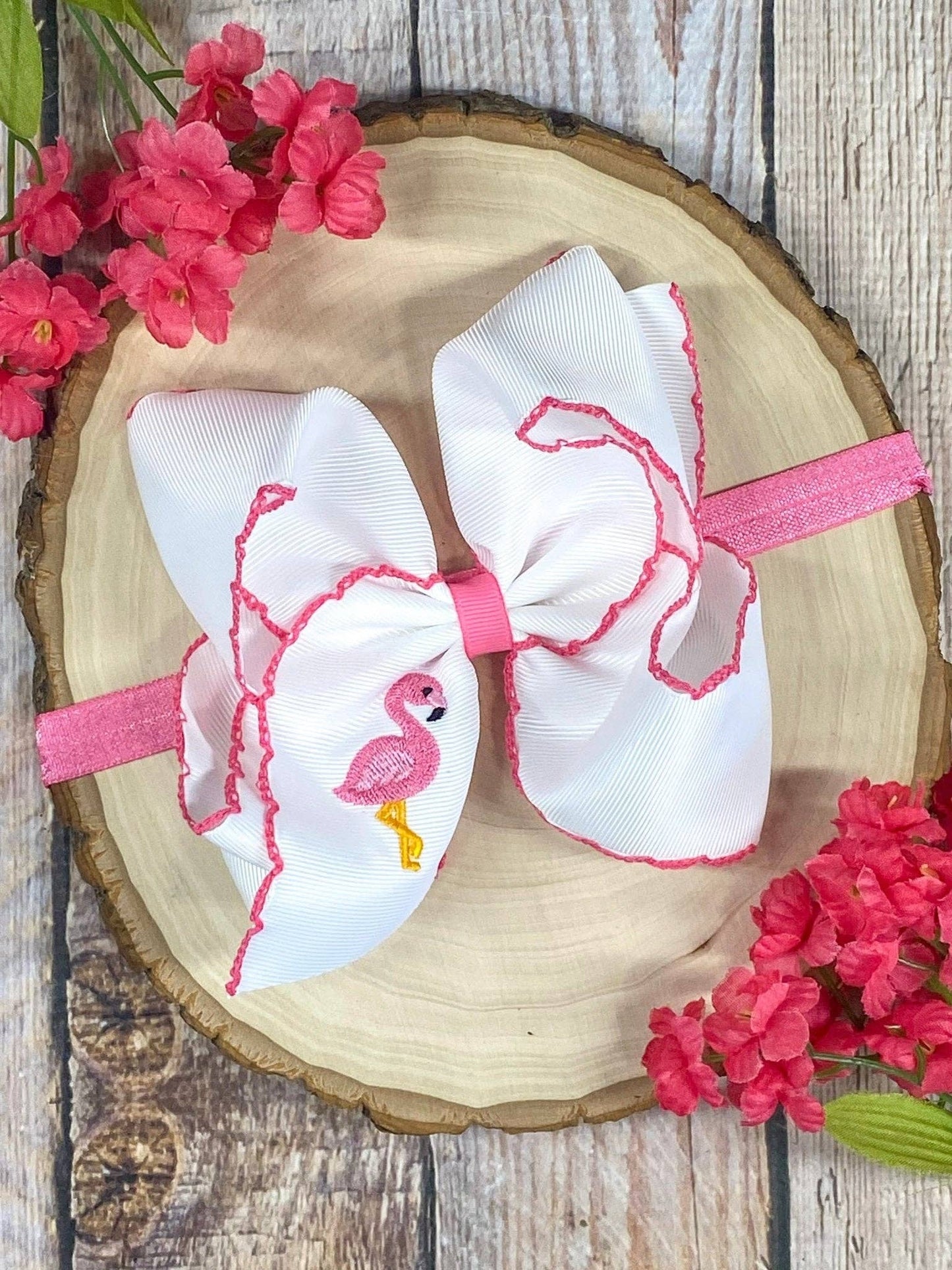 Flamingo Embroidered Moonstitch Hair Bow