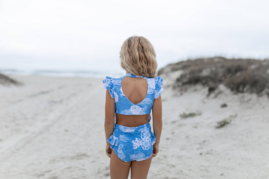 Blue Floral Open Back One Piece Swimsuit
