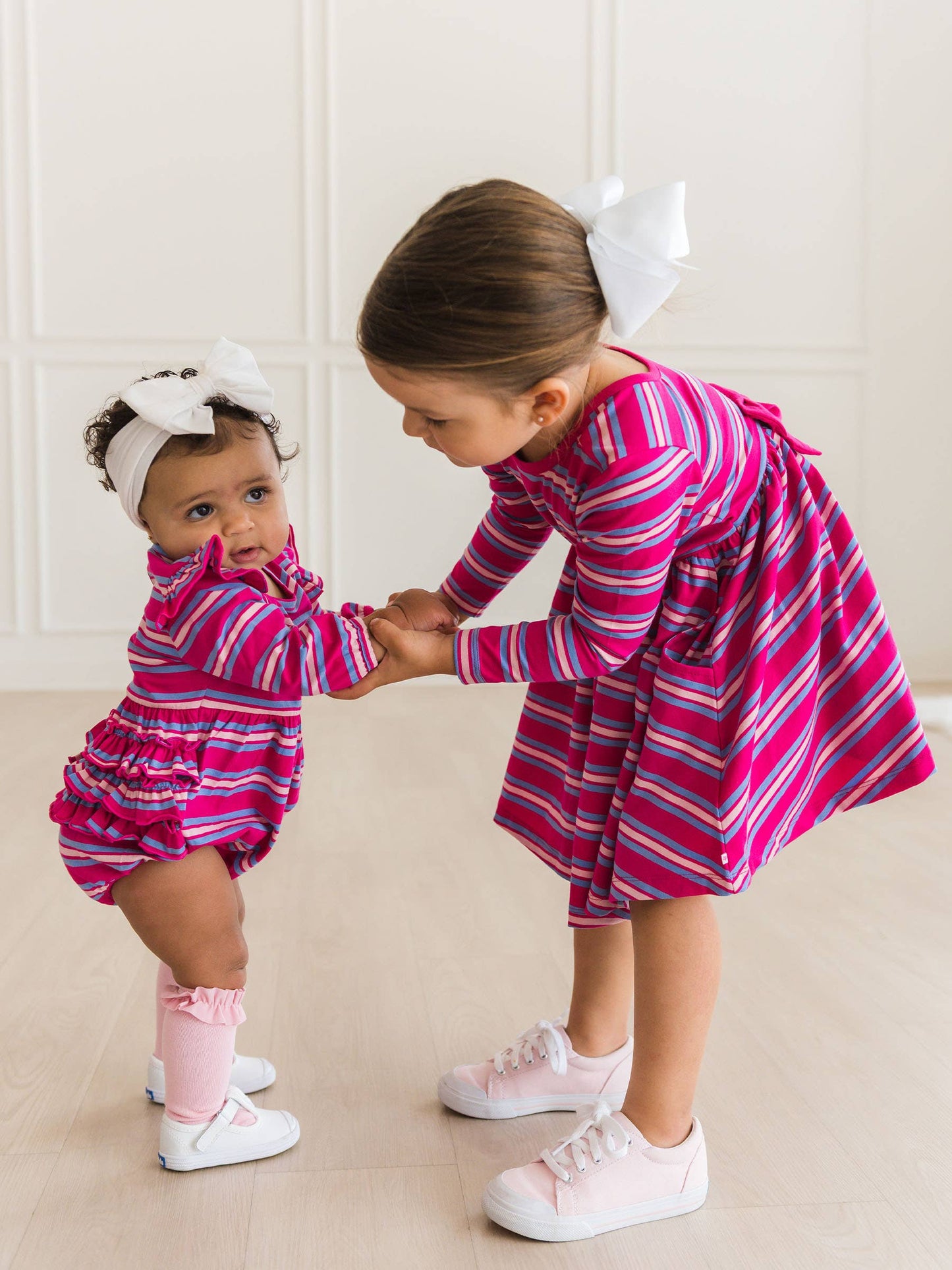RuffleButts + RuggedButts - Girls Very Berry & Periwinkle Blue Stripe Knit Long Sleeve Twirl Dress m
