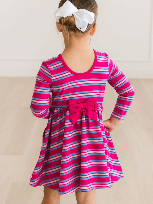 RuffleButts + RuggedButts - Girls Very Berry & Periwinkle Blue Stripe Knit Long Sleeve Twirl Dress m
