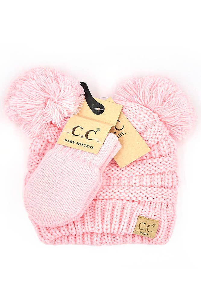 C.C Baby Solid Ribbed Pom Beanie and Mitten Glove