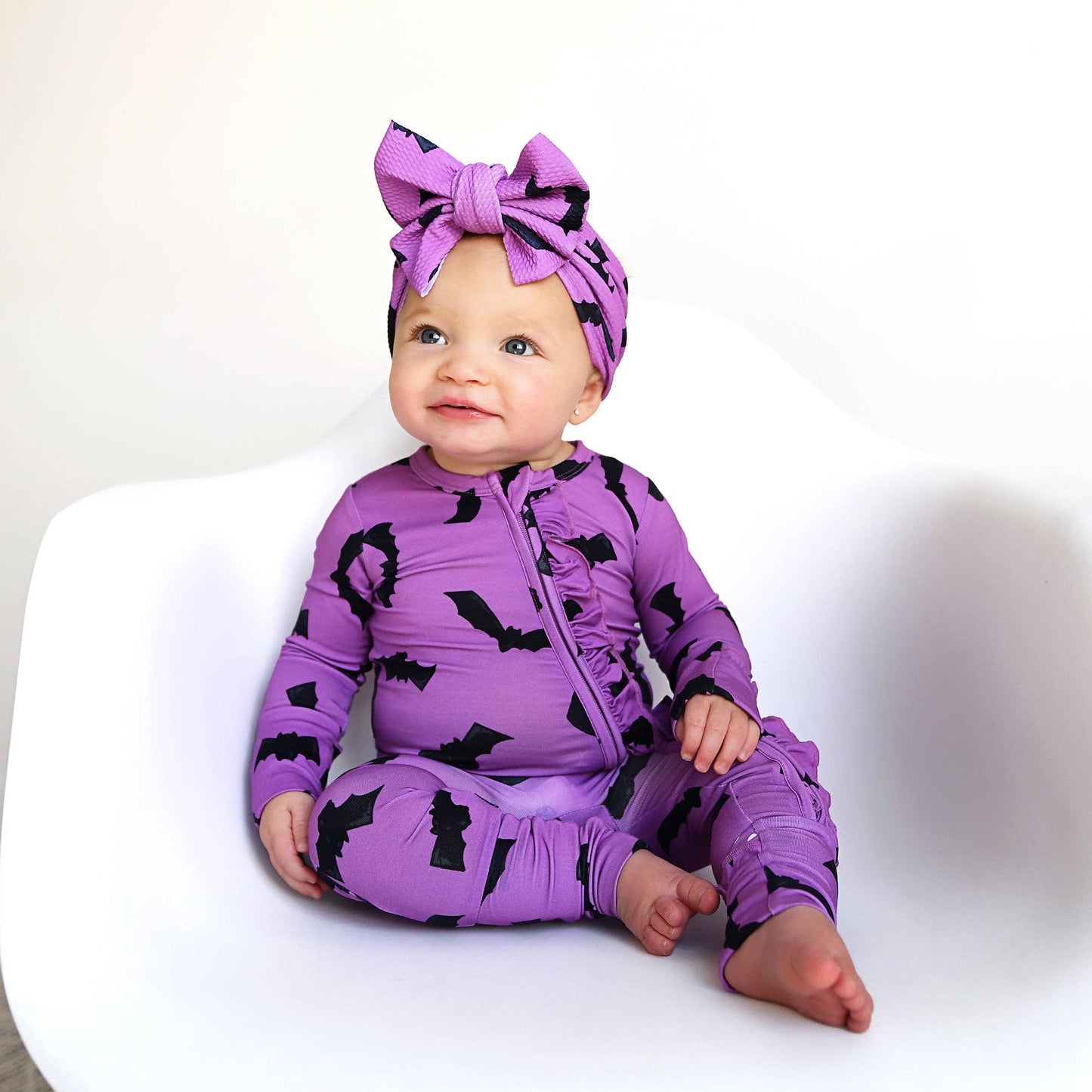 Echo Purple Bats Rufflebutts Zip Romper