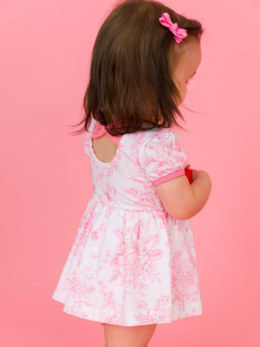 Bubblegum Pink Butterfly Garden Toile Short Sleeve Bow Twirl Romper
