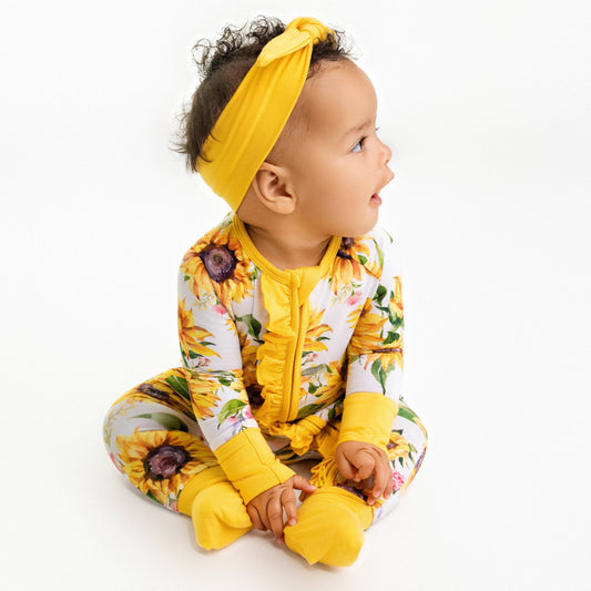 Suns and Roses (Sunflowers) Ruffle Baby Bamboo Zipper Romper Pajamas