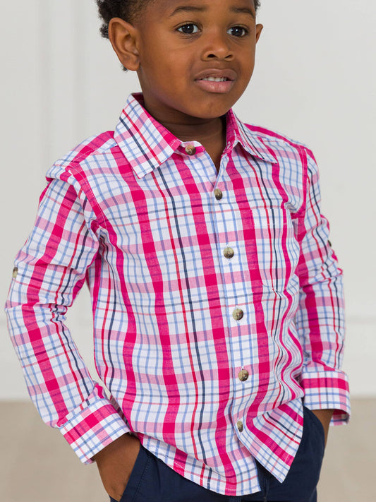 RuffleButts + RuggedButts - Boys Adley Plaid Long Sleeve Button Down Shirt