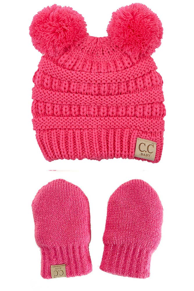 C.C Baby Solid Ribbed Pom Beanie and Mitten Glove