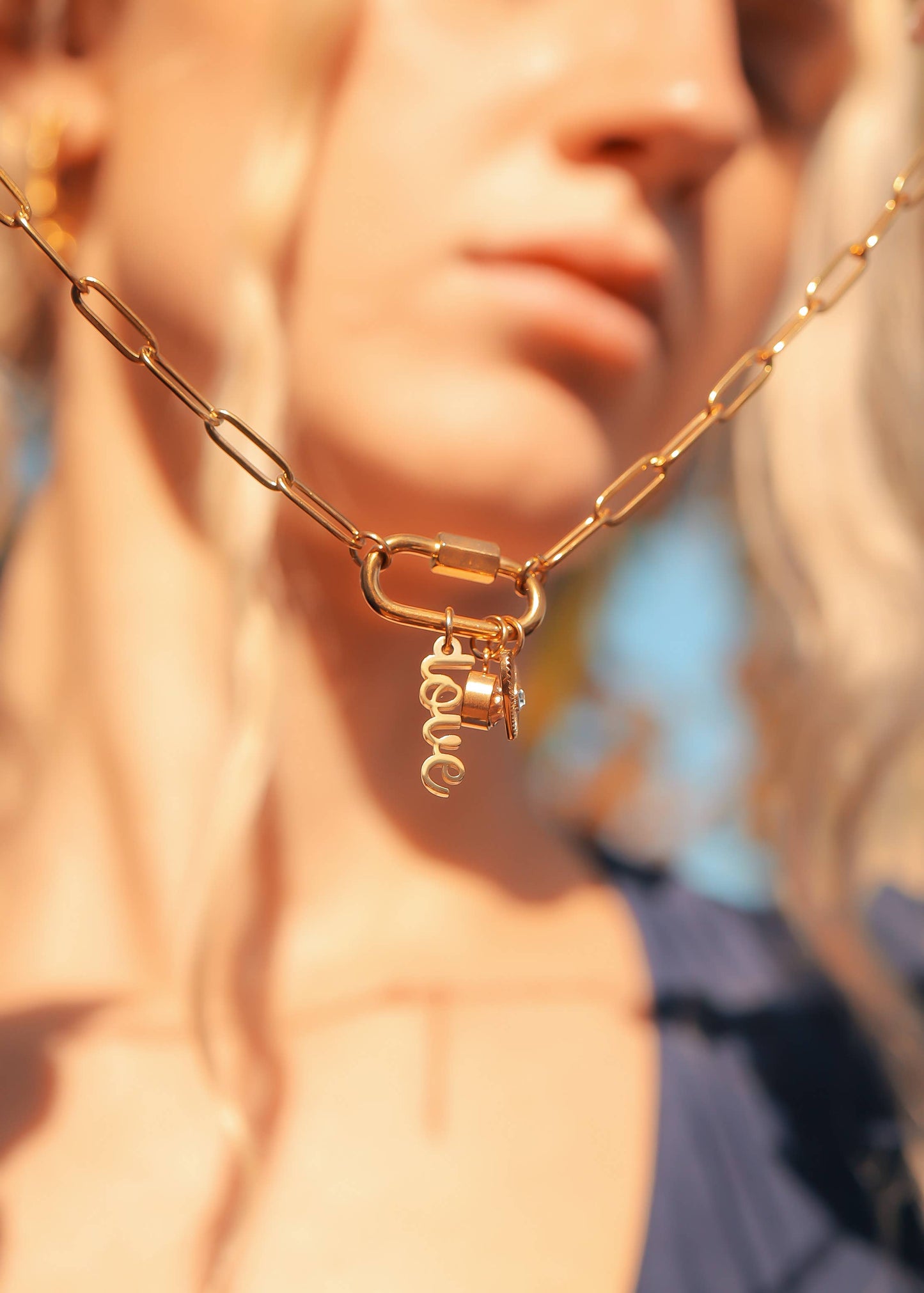 Gold Carabiner "Love" Paperclip Charm Necklace