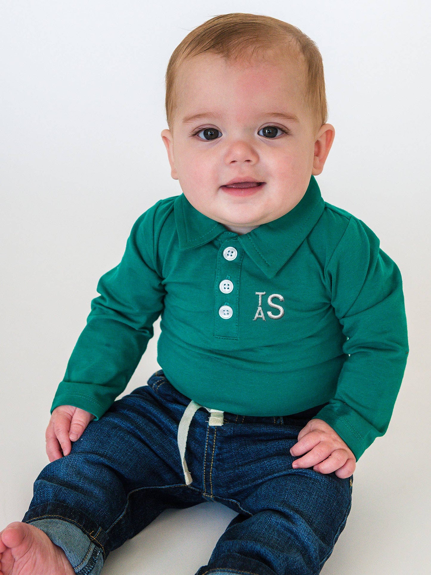 RuffleButts + RuggedButts - Baby Boys Emerald Green Knit Polo Bodysuit