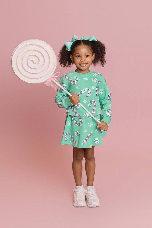 Belle Cher - Candy Cane Teal Sweatshirt and Skort Outfit
