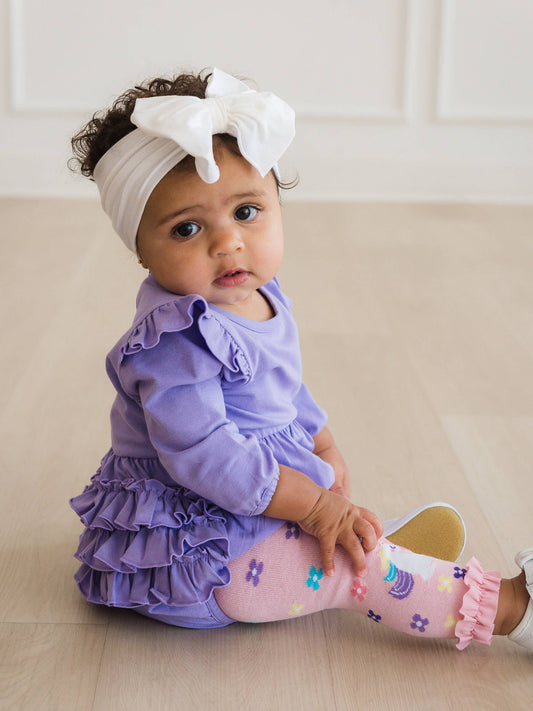 RuffleButts + RuggedButts - Baby Girls Wisteria Purple Knit Long Sleeve Flutter Bubble Romper