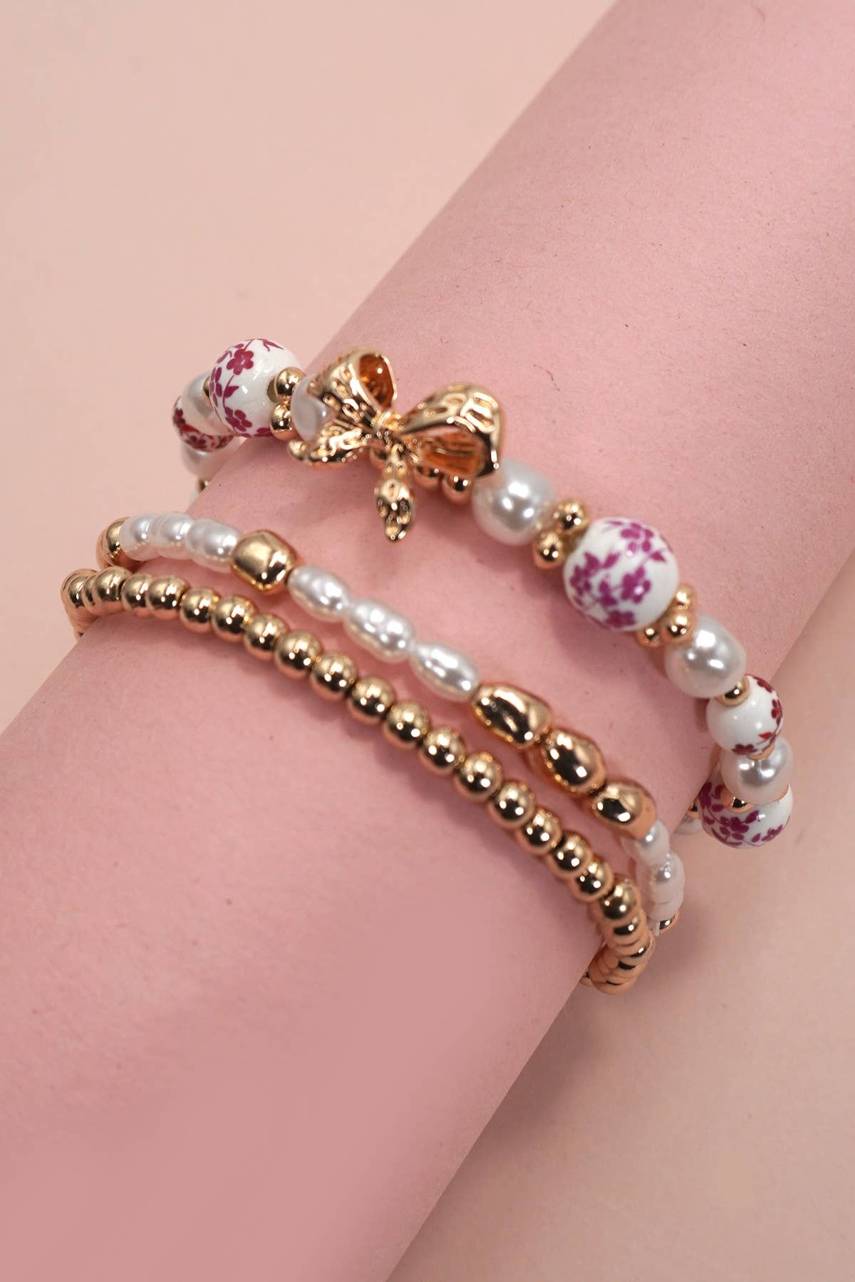 Precious Bow & Pearl Multi-Layer Stretch Bracelet Set