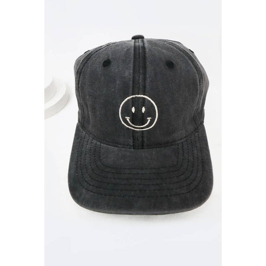 Smiley Face Embroidered Washed Baseball Cap