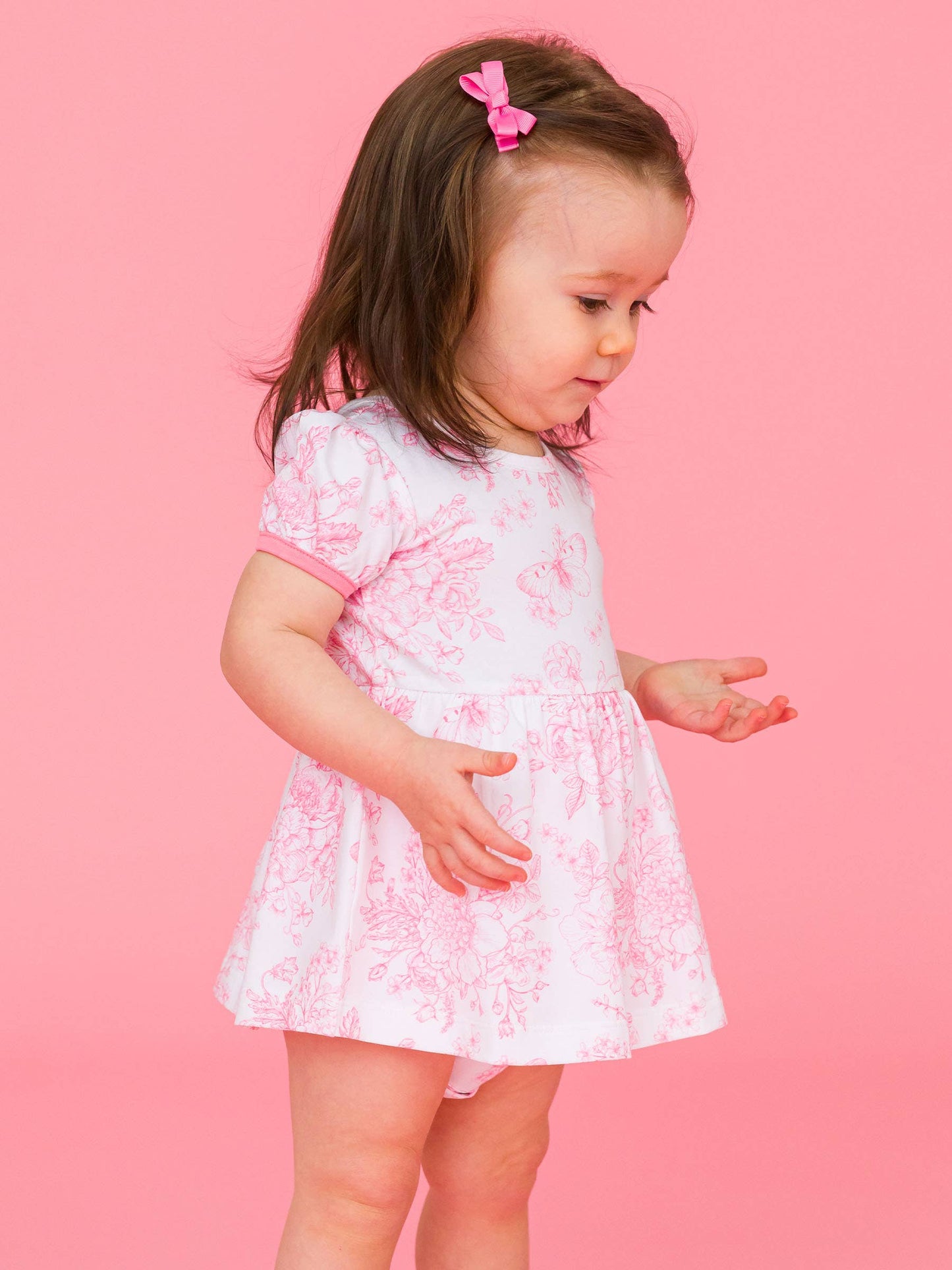 Bubblegum Pink Butterfly Garden Toile Short Sleeve Bow Twirl Romper