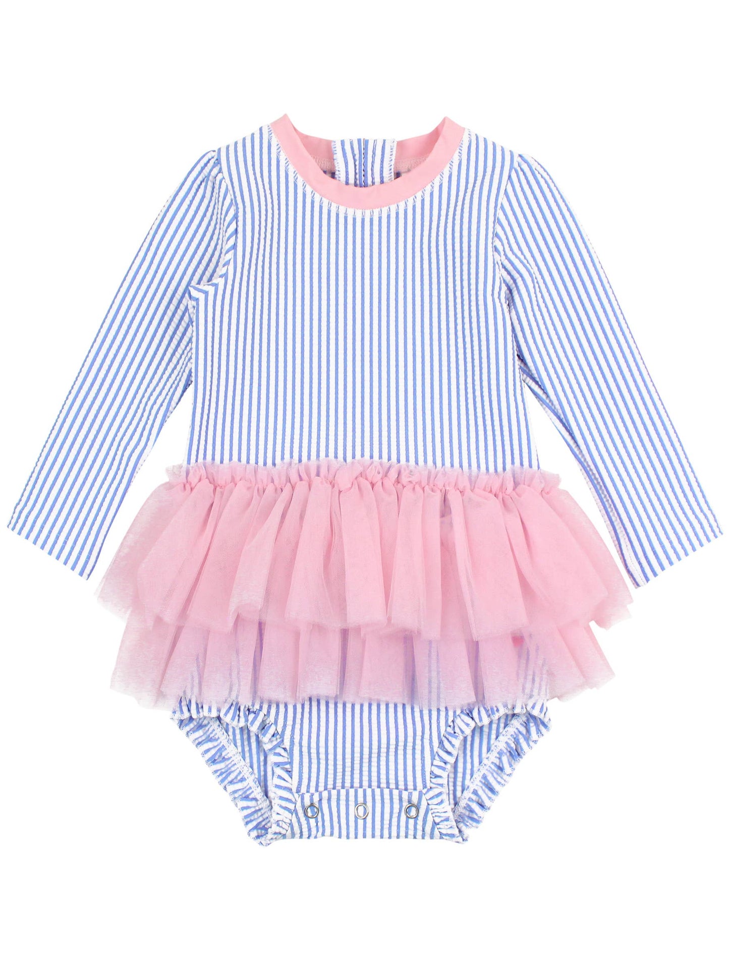 Periwinkle Blue Seersucker Tulle Skirted One Piece Rash Guard