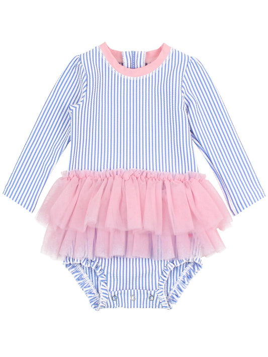 Periwinkle Blue Seersucker Tulle Skirted One Piece Rash Guard