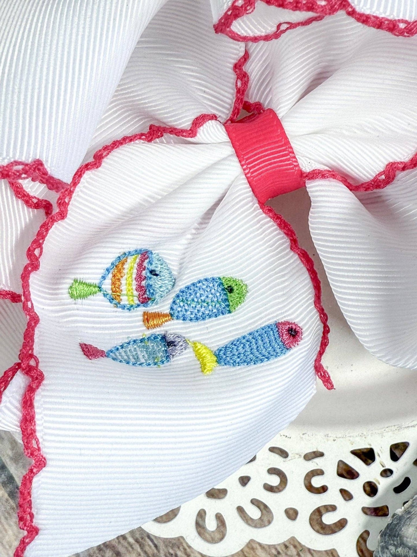 Fishies Embroidered Moonstitch Hair Bow