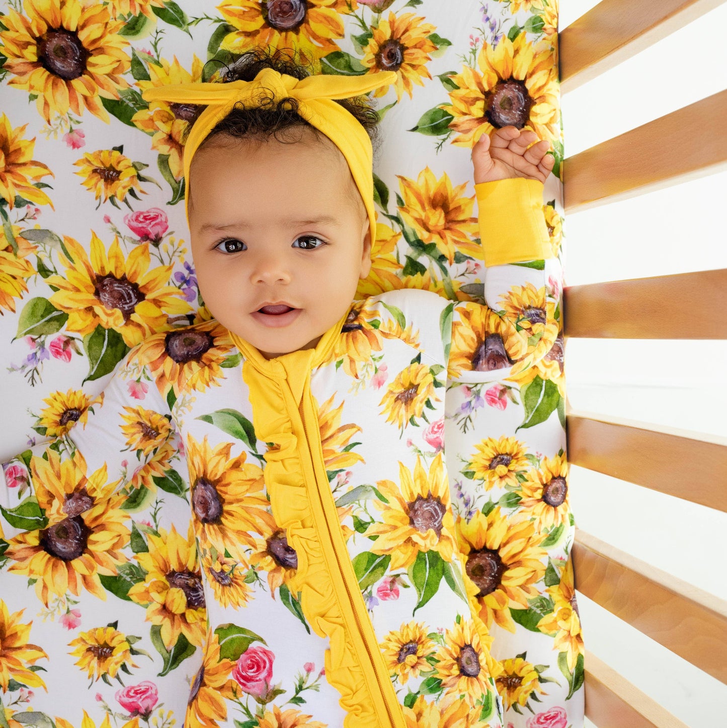 Suns and Roses (Sunflowers) Ruffle Baby Bamboo Zipper Romper Pajamas