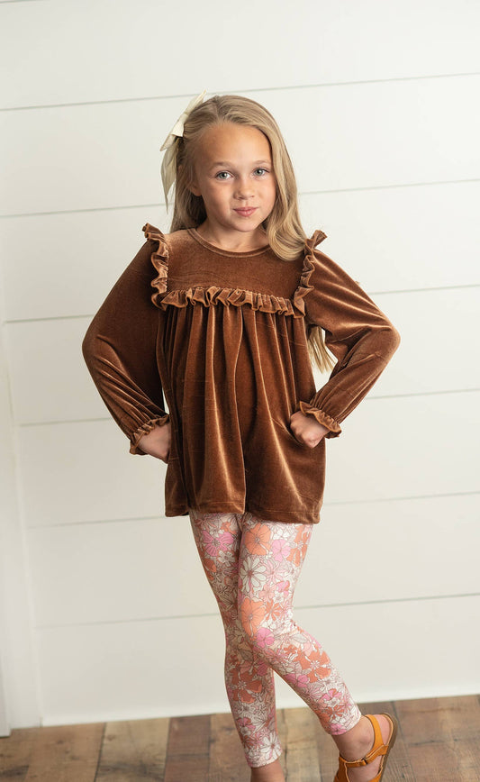 Chocolate Velvet Ruffle Top & Vintage Floral Set