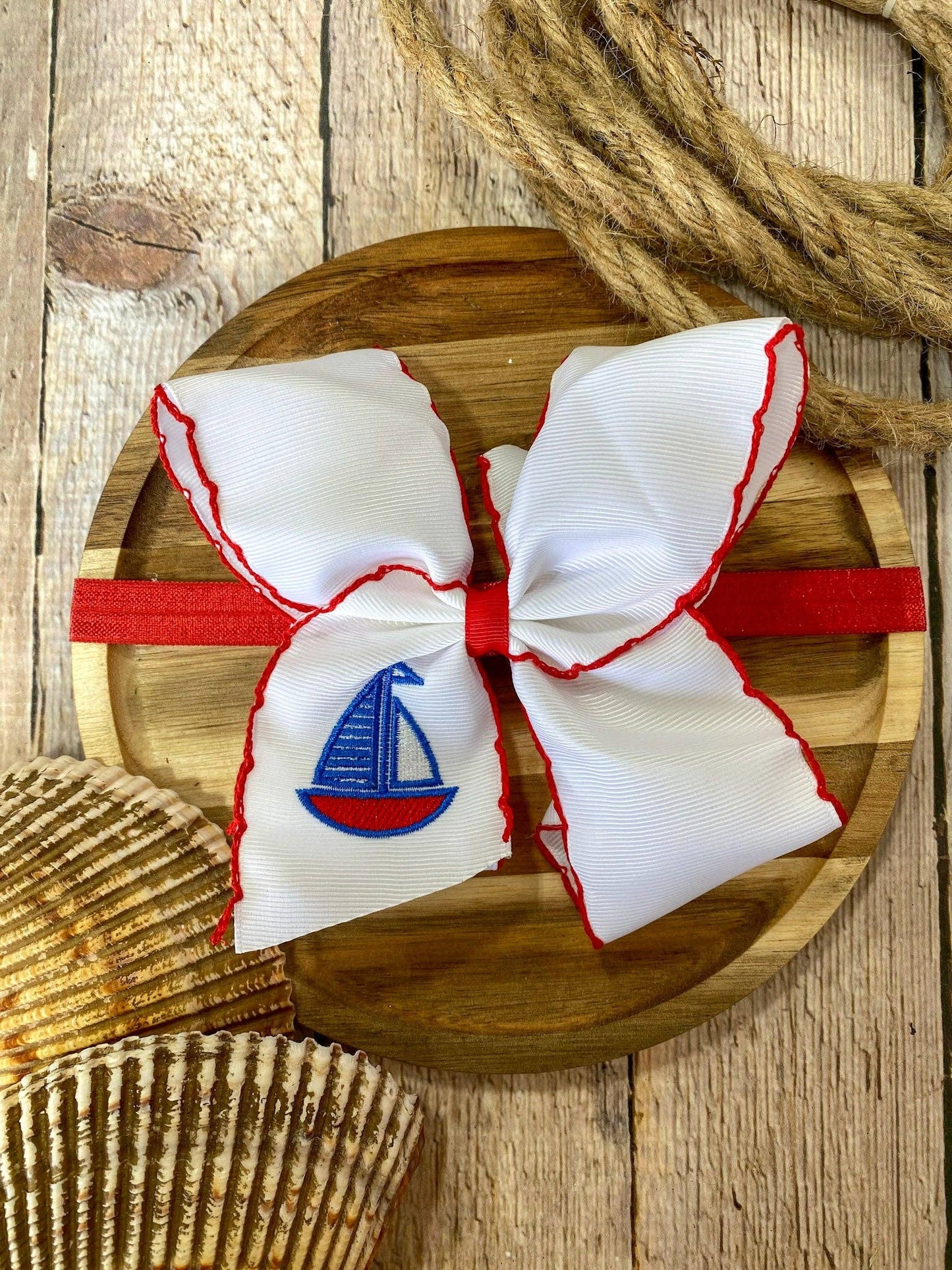 Sailboat Embroidered Classic Hair Bow