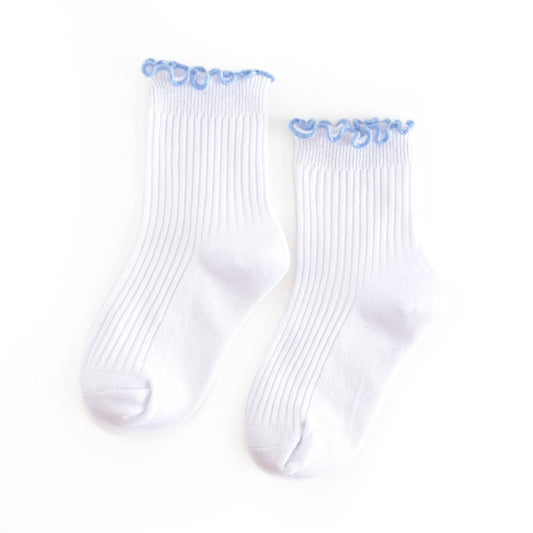 Ribbed Lettuce Trim Midi Socks - White/Bluebell