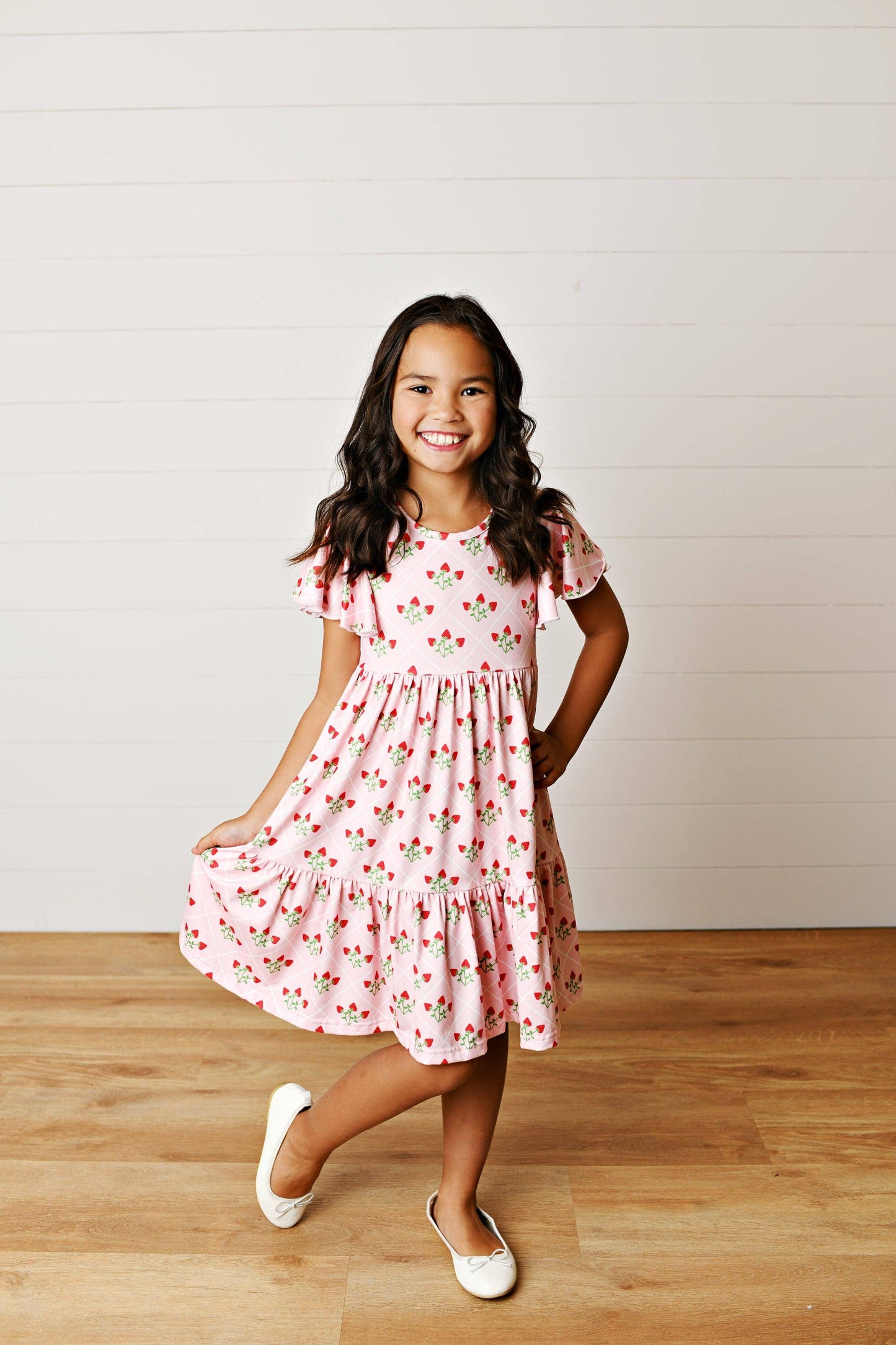 Emmy Strawberry Flutter Sleeve Twirl Dress