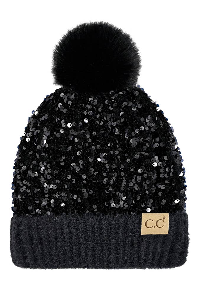 C.C Kids Sequin Fur Pom Beanie