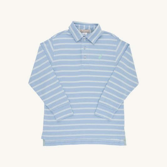 TBBC | Prim and Proper Polo LS - Sarasota Sky Worth Ave White and Old Greenwich Green Stripe with Old Greenwich Green