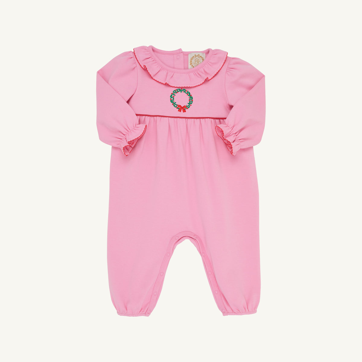 TBBC | Long Sleeve Ramona Ruffle Romper - Hamptons Hot Pink, Kiawah Kelly Green, and Wreath Embroidery