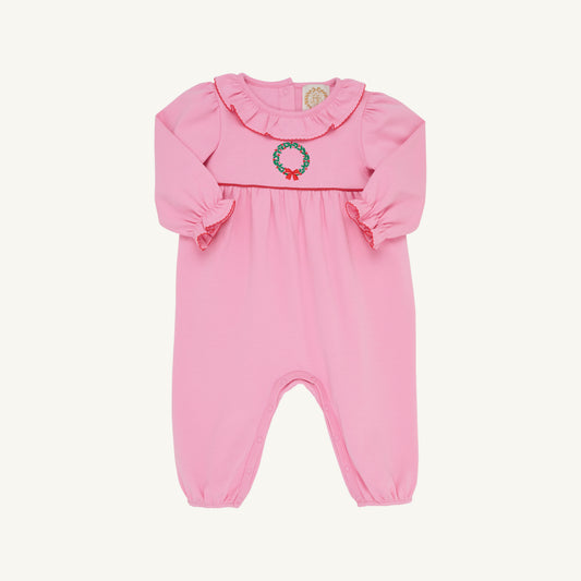 TBBC | Long Sleeve Ramona Ruffle Romper - Hamptons Hot Pink, Kiawah Kelly Green, and Wreath Embroidery