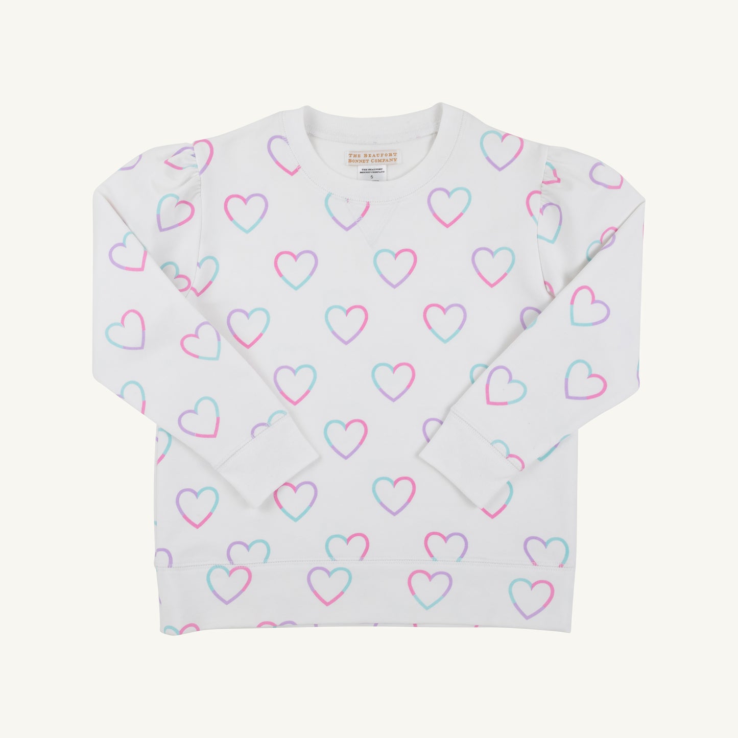 TBBC | Cassidy Comfy Crewneck Puff Sleeve - Have a Little Heart/Worth Ave White
