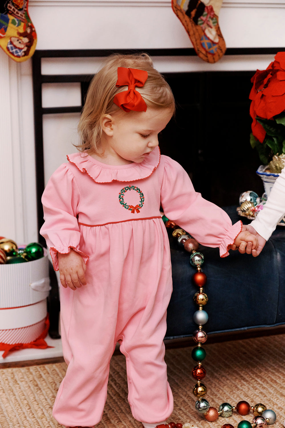 TBBC | Long Sleeve Ramona Ruffle Romper - Hamptons Hot Pink, Kiawah Kelly Green, and Wreath Embroidery